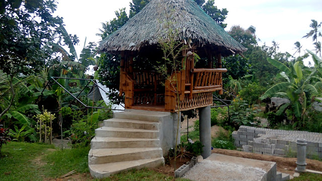 one of the newer little nipa hut cottages by the irrigation canal beside the future swimming pool at Camp Kawayan in Burauen Leyte