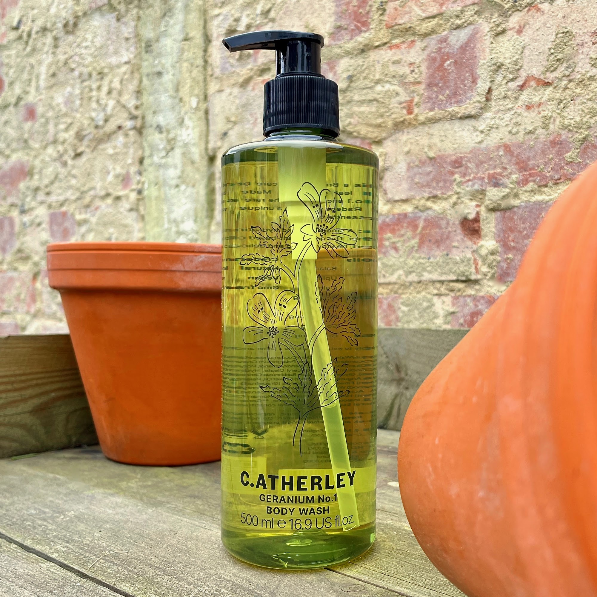 A bottle of Geranium No.1 Body Wash from C.Atherley, the new company from Cath Kidston Padgham and Heathcote & Ivory