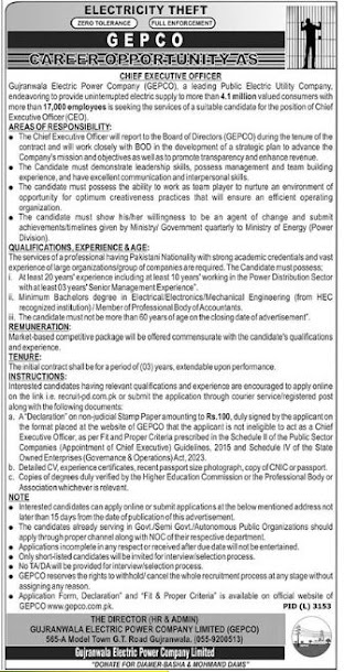 Vacancy Available at Gujranwala Electric Power Company GEPCO Jobs 2023 Advertisement