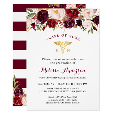  Burgundy Floral Nursing School Graduation Party Invitation