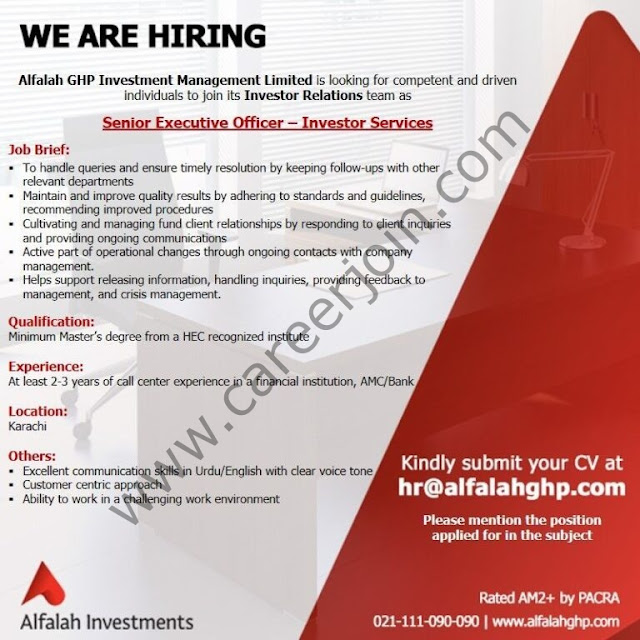 Alfalah GHP Investment Management Ltd Jobs Senior Executive Officer