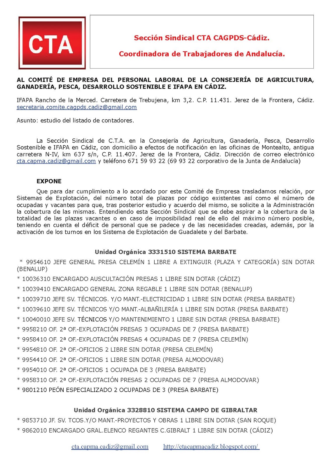 Remitimos al Comité de Empresa escrito sobre el estudio de los listados de contadores de los Sistema