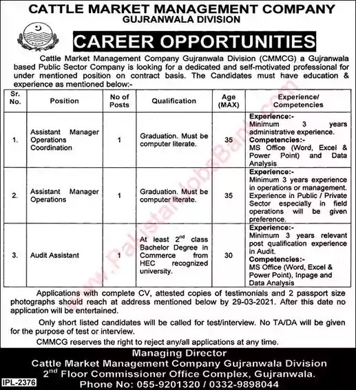 Latest Jobs in Pakistan Cattle Market Management Company Gujranwala