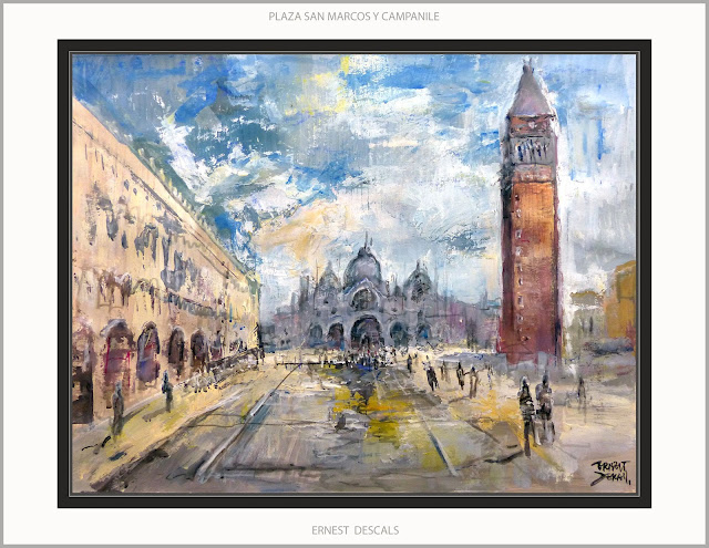 VENECIA-PINTURA-CAMPANILE-PLAZA SAN MARCOS-PAISAJES-ITALIA-CUADROS-ARTISTA-PINTOR-ERNEST DESCALS-