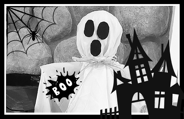 Black and white DIY ghost with Halloween graphics