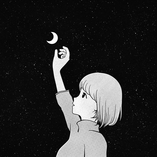 Manga-style woman reaching up to the moon