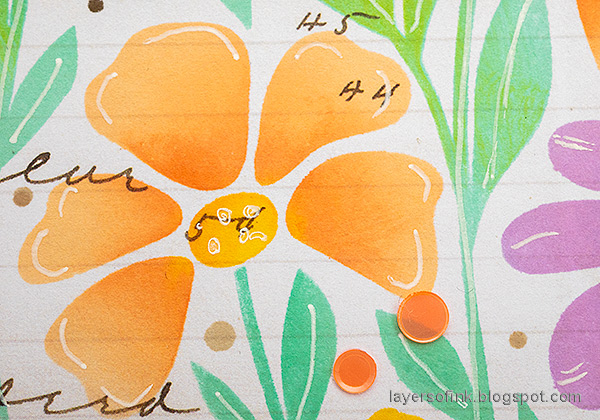 Layers of ink - Stenciled Flowers Art Journal Tutorial by Anna-Karin Evaldsson. Add highlights with a white gel pen.