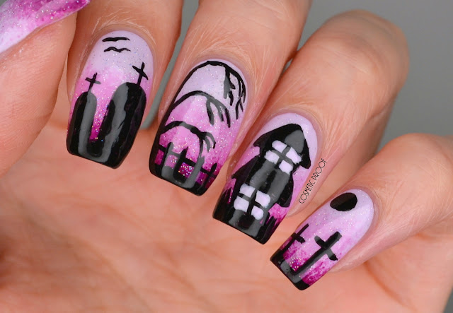 Halloween Haunted House Purple Gradient Nail Art