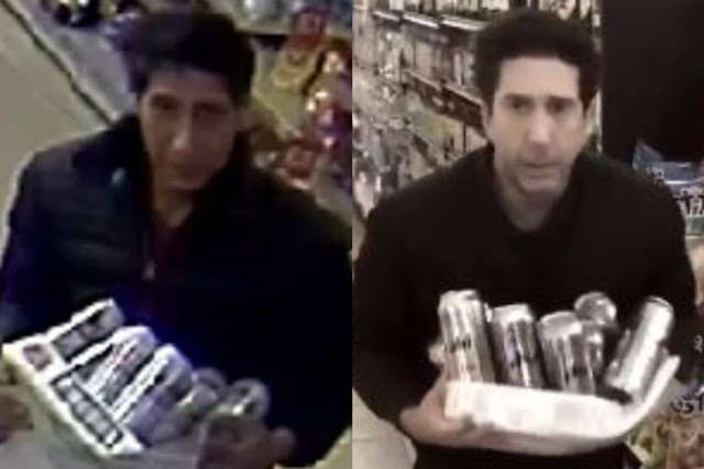 Security camera vision of the suspected thief in Blackpool (left) and actor David Schwimmer in his recreation (right). 