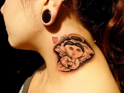 girls with mexican angel tattoos and love tattoo designs on neck 