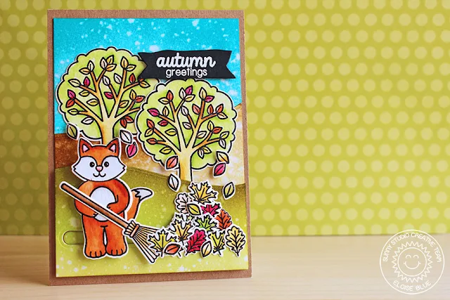 Sunny Studio Stamps: Fall Leaves Slider Card by Eloise Blue (using Woodsy Creatures,Harvest Happiness, Halloween Cuties, Summer Picnic & Backyard Bugs)