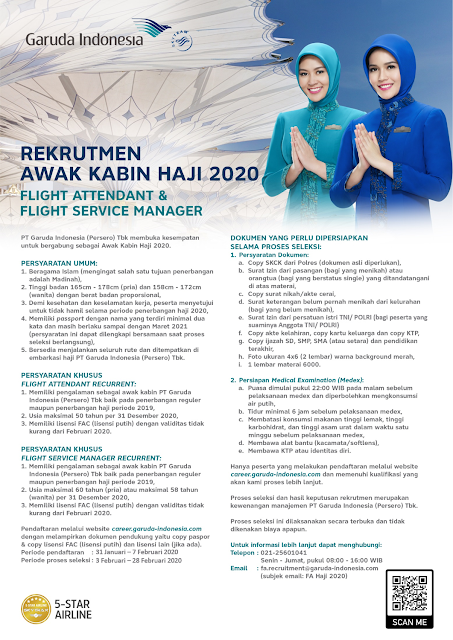 Rekrutmen Awak Kabin Haji 2020 Garuda Indonesia