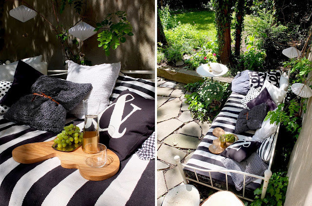 Pfingstbett, Gartenbett, Eisenbett, Metallbett, Outdoorbed, Tagesbett im Garten, Bett im Garten, Belgisches Viertel, Wohnen in Köln, schwarzweiß im Garten, schwarz weiß, Gartendeko, Einrichten, Streifen, Frühling, Styling, Minza will Sommer