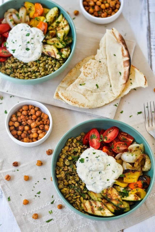 Middle Eastern Grilled Vegetable & Lentil Bowls with Falafel-Spiced Roasted Chickpeas & Tahini-Yogurt Sauce 