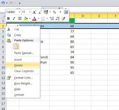 cara menghapus baris di excel