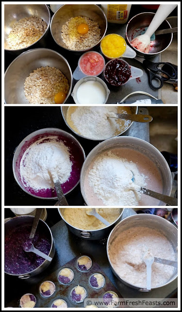 Recipe for a multicolored muffin swirled with mango, strawberry, raspberry and blueberry purees. This whole grain treat makes a large batch, great for bake sales and sharing.