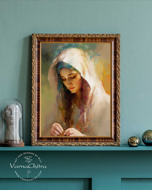miraculous portrait of saint mary, the undoer of knots in impasto oil painting by Biju Varnachitra Great for interior decoration and great as a gift