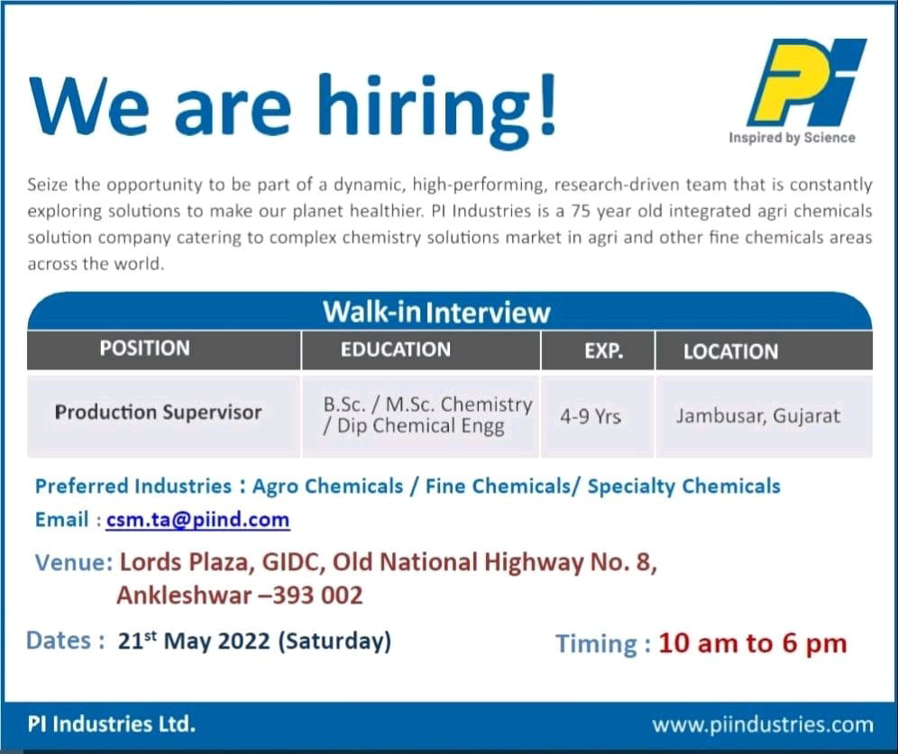 Job Availables,PI Industries Ltd. Walk-In-Interview For BSc/ MSc/ Diploma Chemical Engineering