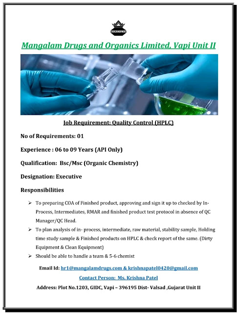 Job Availables,Mangalam Drugs and Organics Ltd Job Vacancy For Bsc/ Msc - Quality Control