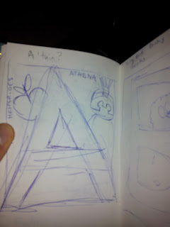 Original sketch for geeky letter A including Athena and apple (of Hesperides)