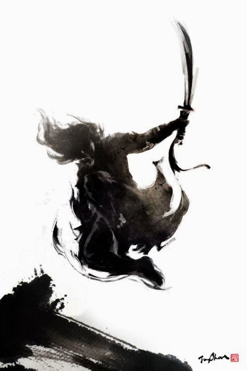 Jung Shan Chang ilustrações pinturas tinta manchada fantasia medieval japonesa samurais