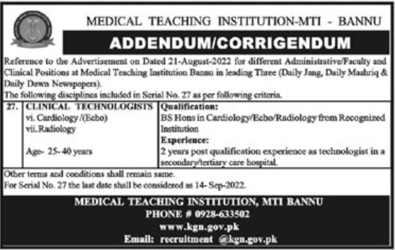 Latest Medical Teaching Institution MTI Medical Posts Bannu 2022