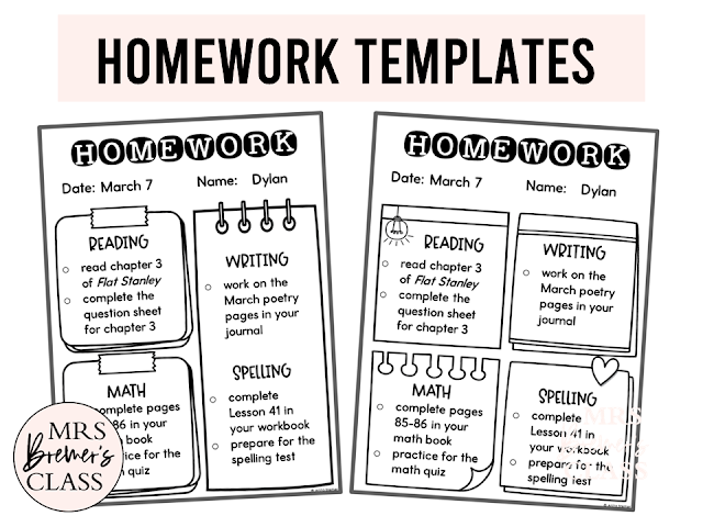 Homework templates pack with ten editable homework forms for Kindergarten, First Grade, Second Grade, Third Grade