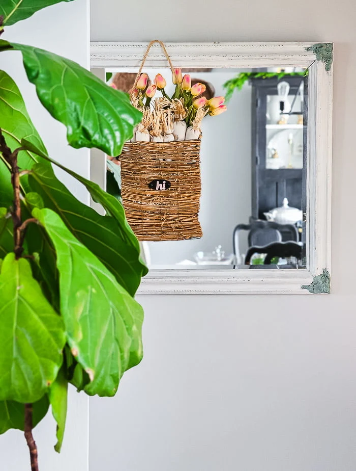 hanging basket bouquet on mirror