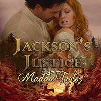 Jackson's Justice audiobook cover. A ruggedly handsome man embraces a seductive readheaded woman above a backdrop of the American outback.