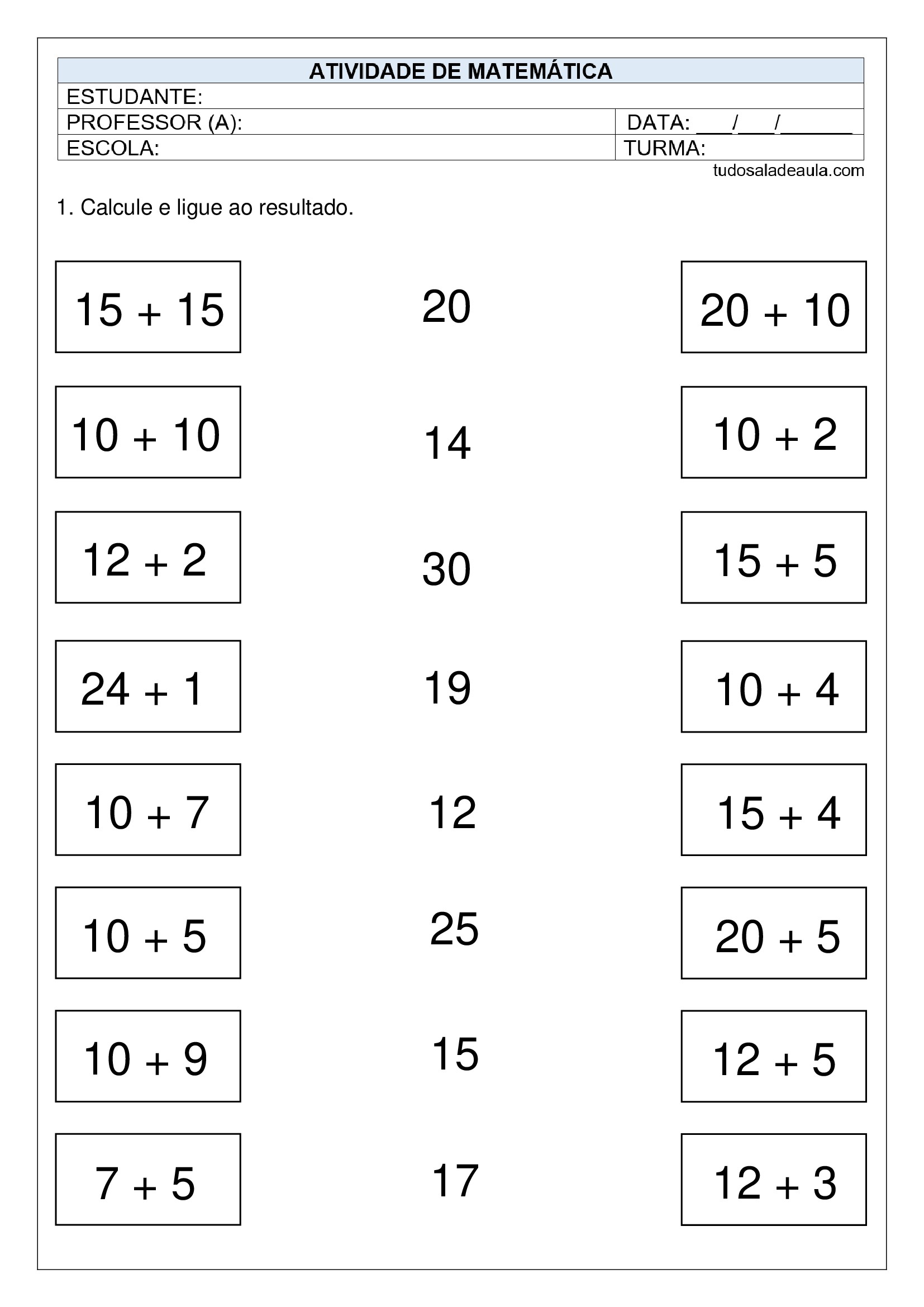 Atividades de Matemática para o 1º ano – Adição até 30