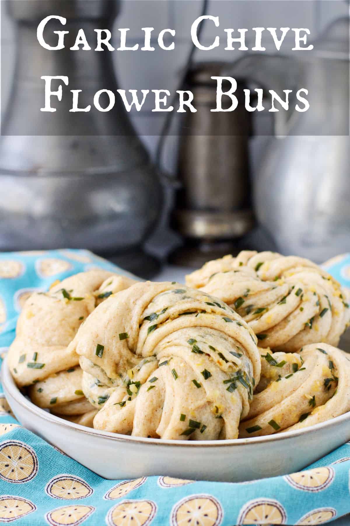 Garlic and Chive Flower Buns in a bowl.