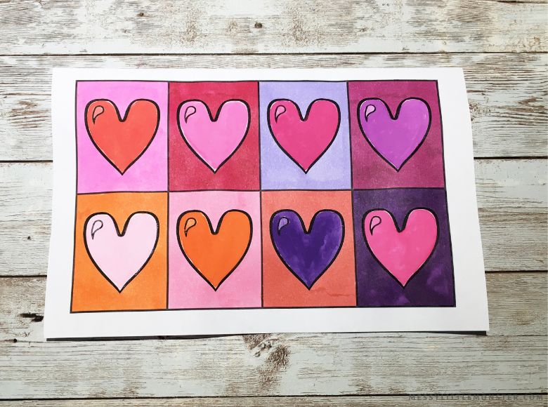 Heart pop art watercolor painting for kids