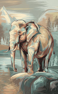 abstract elephant, metallic hues, rocky terrain, serene landscape, dreamy artwork, surrealism, nature illustration, elephant art