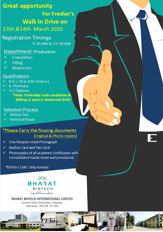 Bharat Biotec | Walk-in for Freshers at Hyderabad on 13&14 Mar 2020