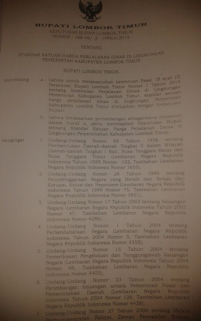 Keputusan Bupati Lombok Timur nomor 188.45/3/PPKA/2015 tentang Standar Satuan Harga Perjalanan Dinas di lingkungan Kabupaten Lombok Timur