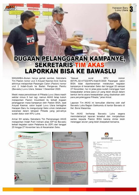 Merasa Dirugikan Tim AKAS Laporkan Paslon BISA Ke Bawaslu Luwu Utara