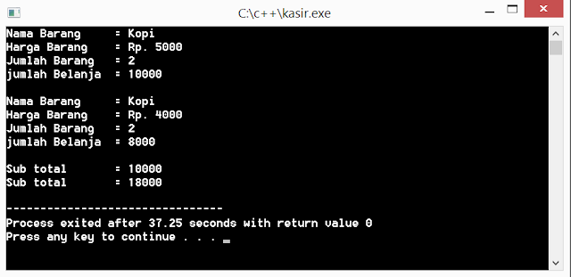 Gambar hasil runing Contoh program c++ kasir sederhana dengan menggunakan diskon dan inputan dinamis