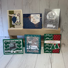Samples of the six holiday cards we're making duringthe Sept 22 2019 Card Class