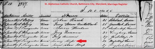 Kihn, Kraut,  Marriage, Baltimore, Maryland, 20 June, 1847,  (1)