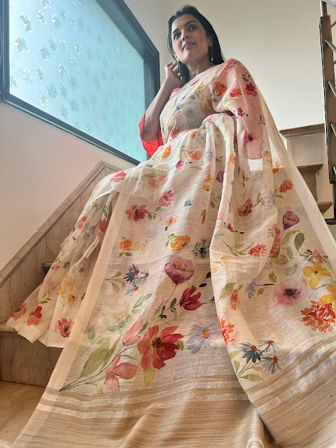 white linen digital print saree