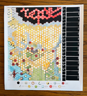 The Wars of Beleriand game board. A map of Beleriand from Tolkien's The Silmarillion with a hex-grid superimposed on it. Players move units and conduct contests across the map to possess the Silmarils.