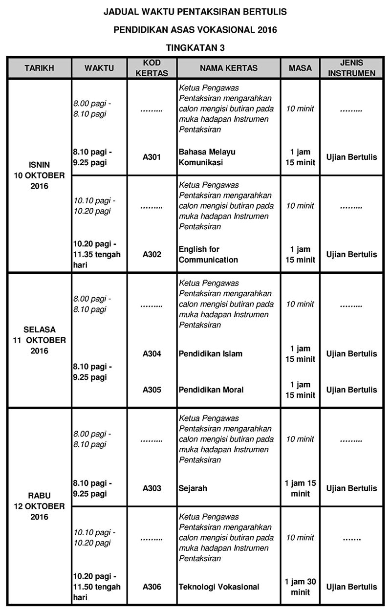 Jadual Waktu Pentaksiran PAV Tingkatan 3 2016