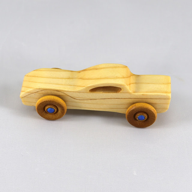 Wood Toy Car, Handmade and Finished with Beeswax, Amber Shellac, and Metallic Saphire Blue Acrylic Paint, Itty Bitty Coupe