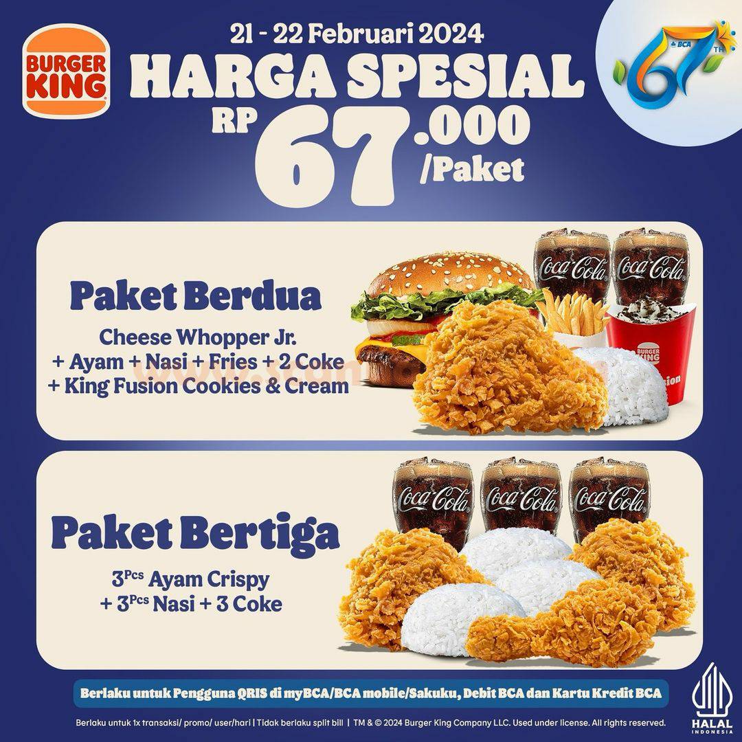 Promo BURGER KING HUT BCA 67 - Harga Spesial Rp67 Ribu untuk 2 Paket Meal