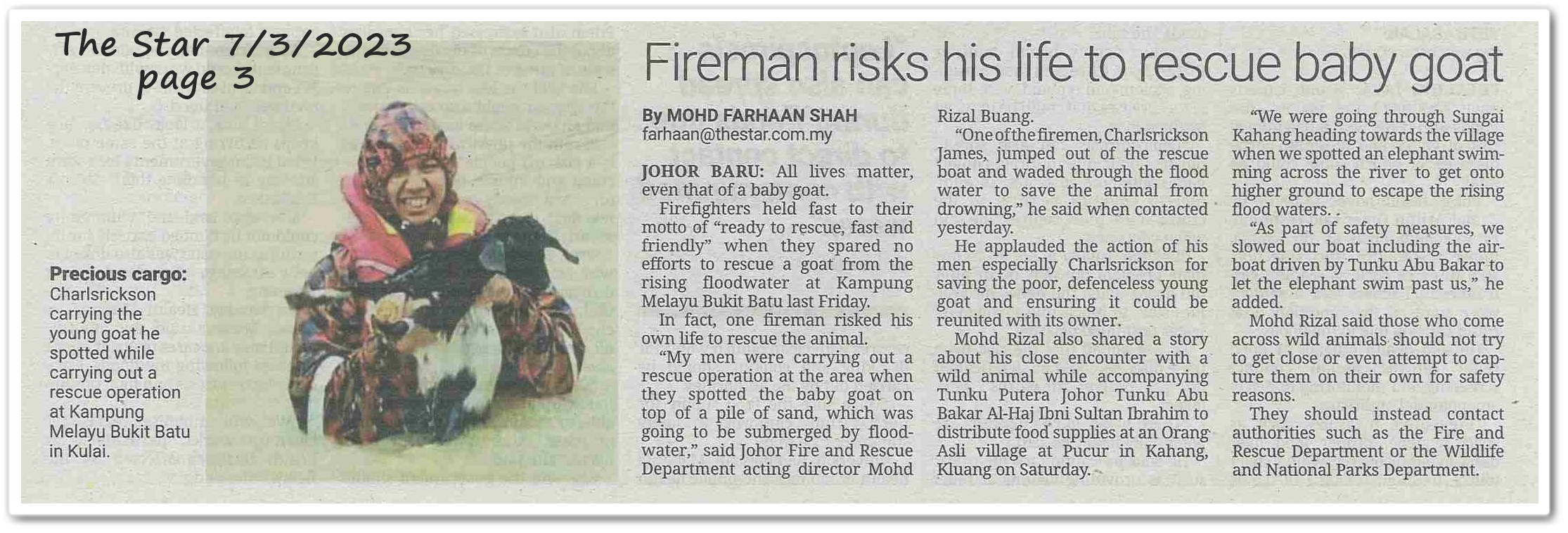 Fireman risks his life to rescue baby goat - Keratan akhbar The Star 7 March 2023