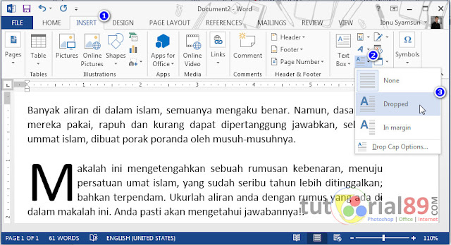 Cara cepat membuat text drop cop di word