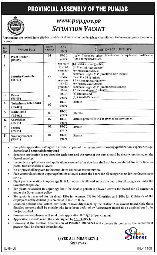 Situation Vacant At Provincial Assembly of The Punjab 2024 in Lahore