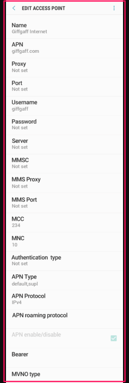 Giffgaff APN Settings