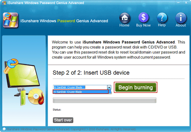 select usb drive to burn windows password recovery program