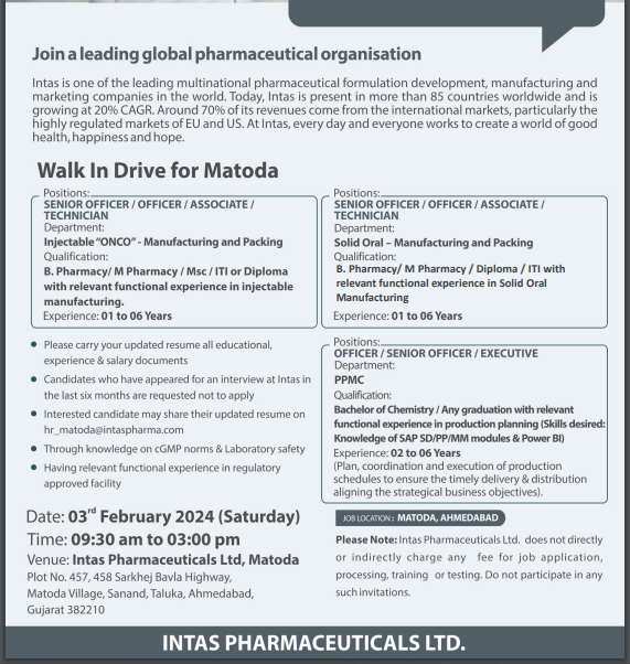 Intas Pharmaceuticals Walk In Interview For Manufacturing and Packing/ PPMC